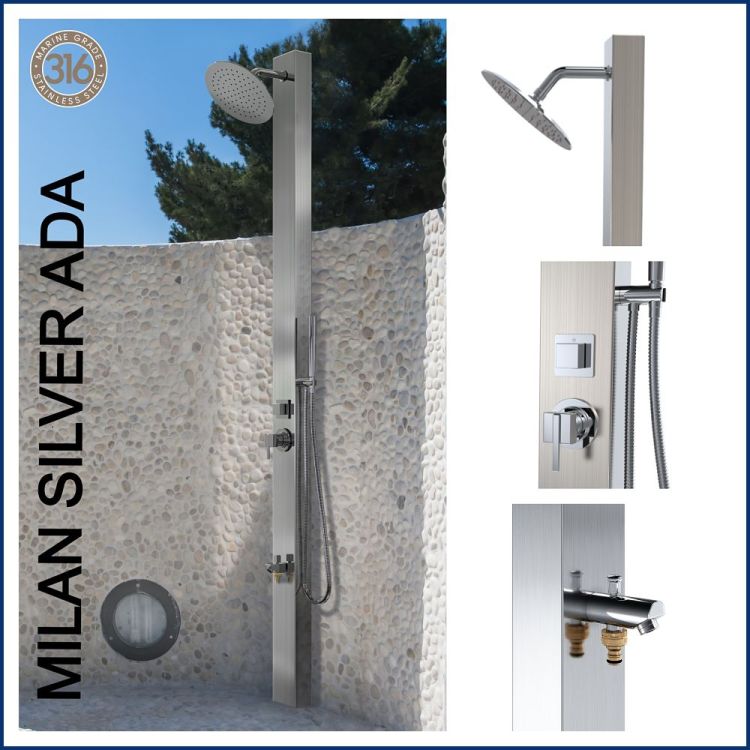 Milan Silver ADA 316L Marine Grade WATERMARK REGISTERED Stainless Steel Outdoor Indoor /Pool Shower With Foot Wash