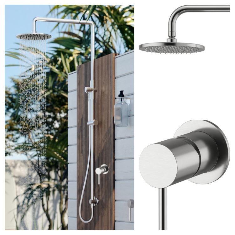 Delta 316L Marine Grade Stainless Steel Wall Mounted Outdoor Shower Rail, 2 in 1, 20cm rotatable round rainfall rose shower head with handheld wand shower and Hot & Cold Mixer Valve Package