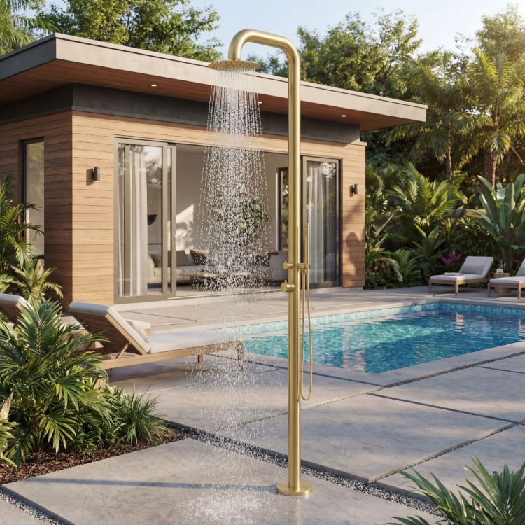 Hampton Gold Stainless Steel Marine-Grade Outdoor Pool Shower, Hot & Cold Mixer Included with Hand Shower Wand